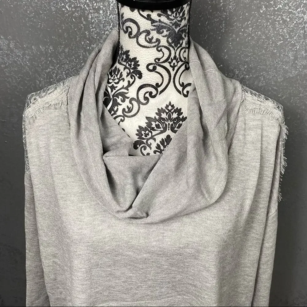 H Halston Light Heather Gray Cowl Neck Lace Shoulder Sweater, Size Large, NWT